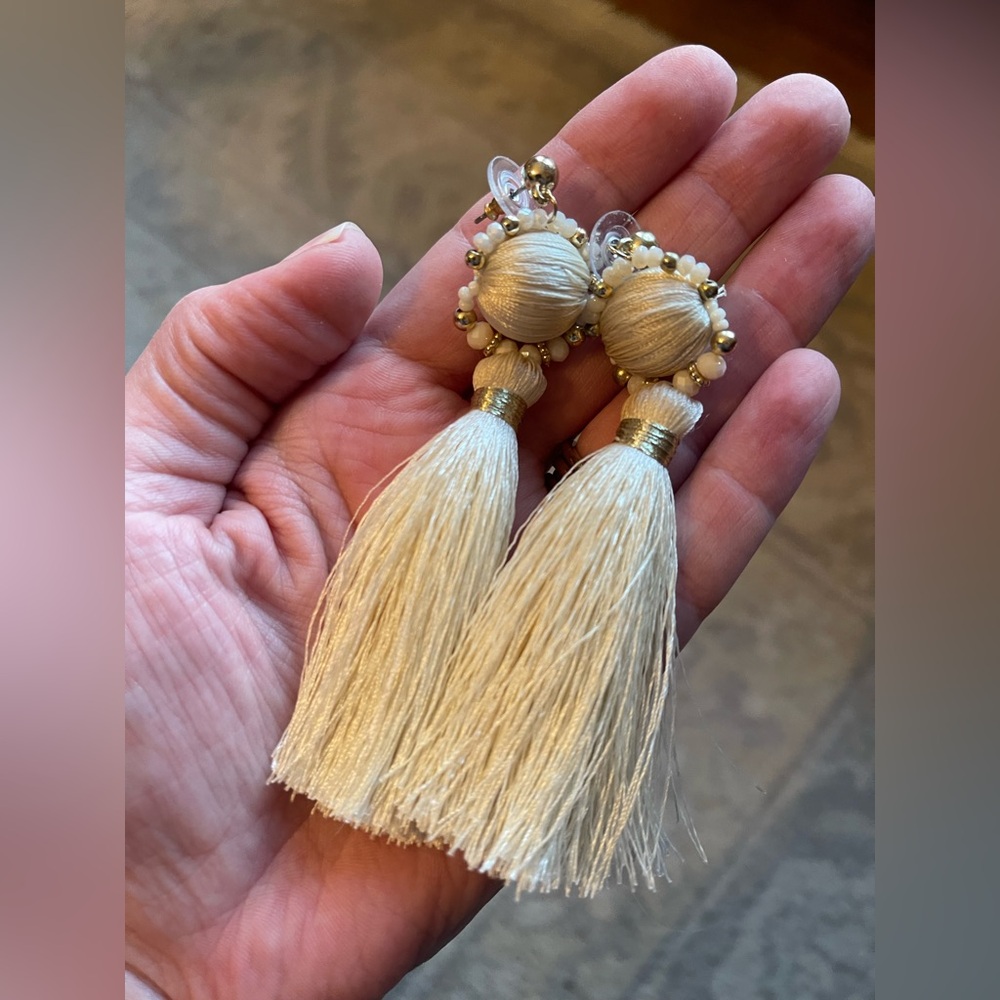 Tassel Statement Pierced Earrings Ivory Bead Detail Boho Beach Festival Goddess